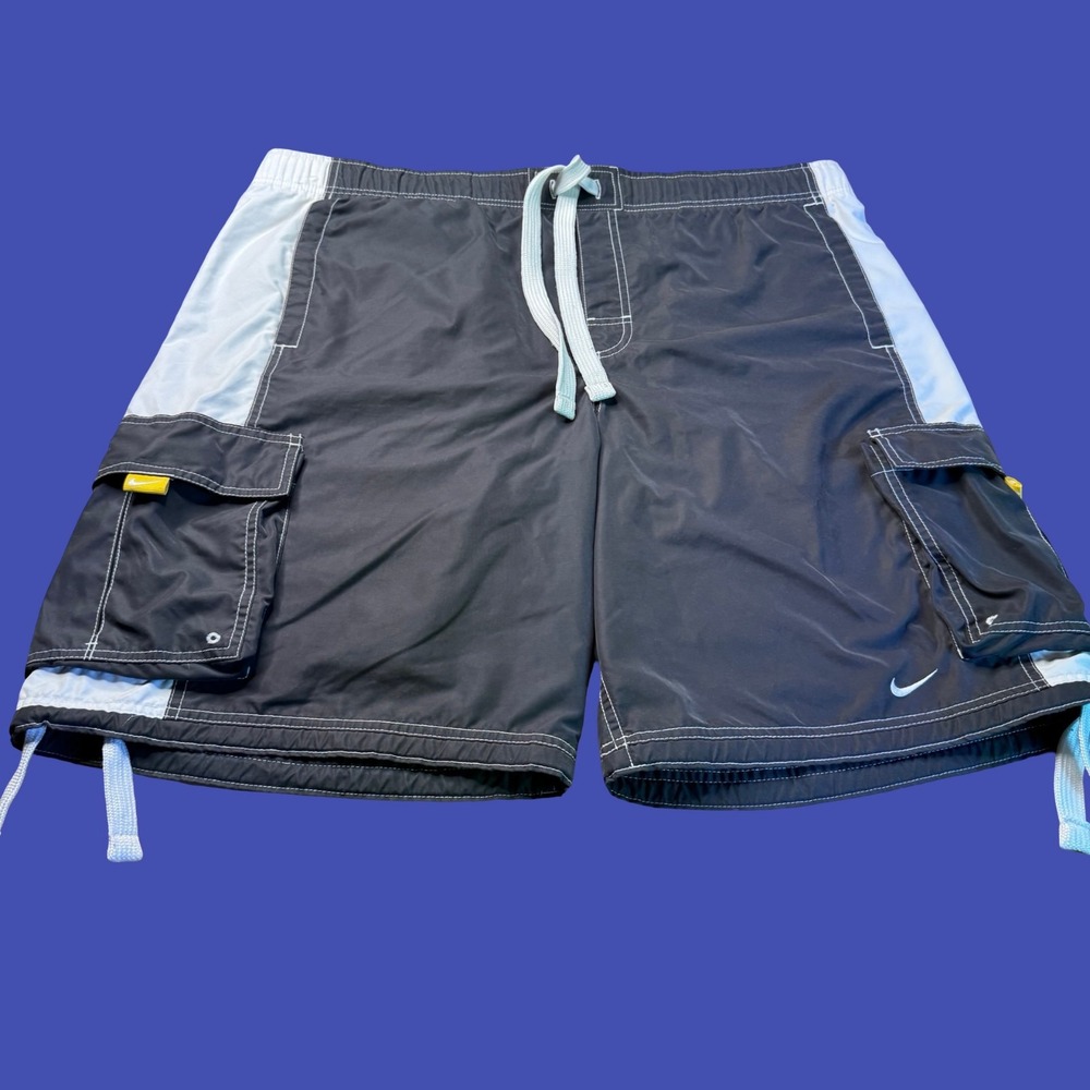 Nike Swim Trunks XL Black White Cargo Board Shorts Nylon Swoosh Y2K Drawstring